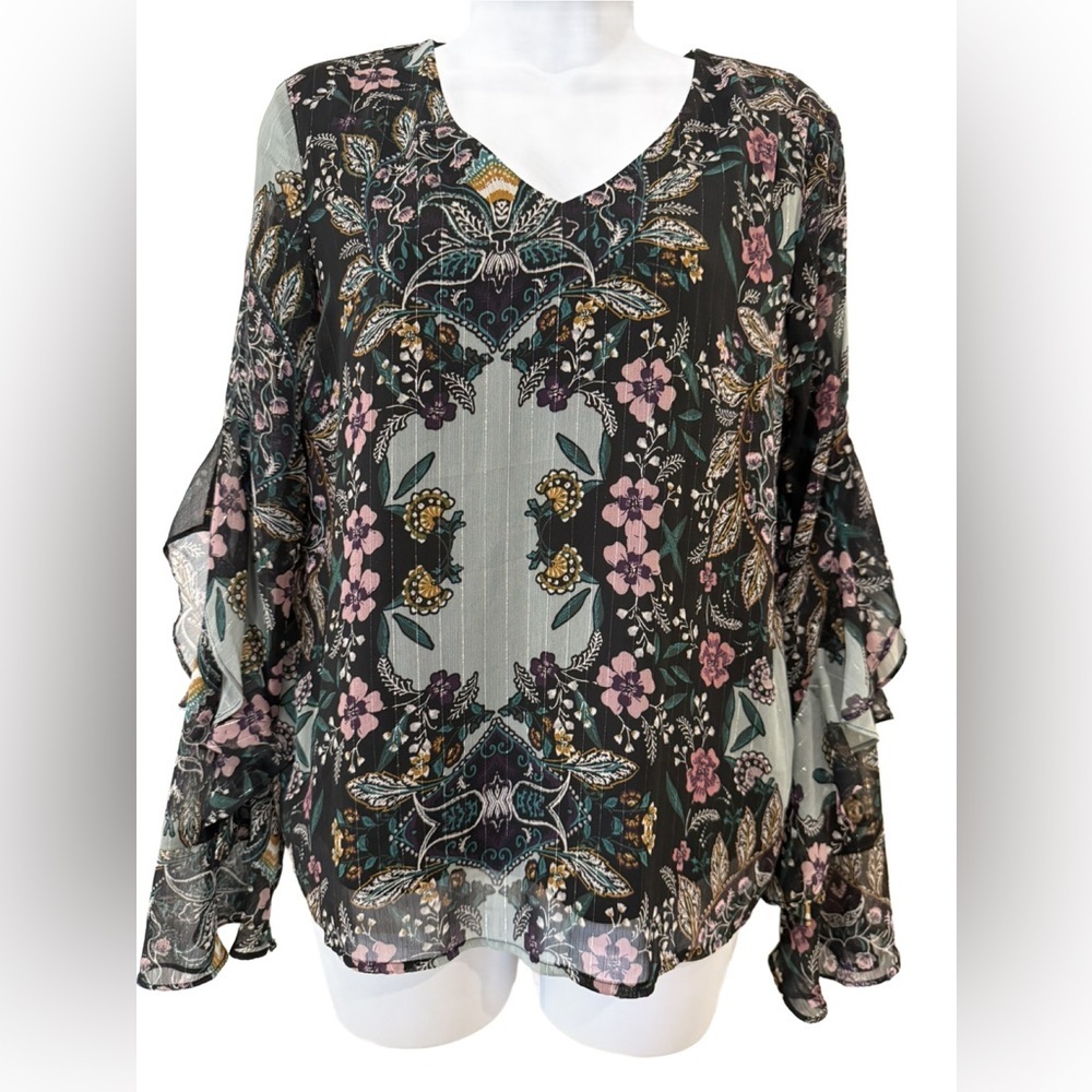 Iz Byer Sheer Ruffle Sleeve Black and Pink Floral Blouse. Medium